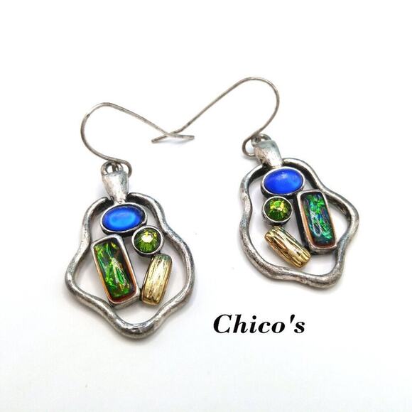 Chico's Silver Tone Drop Earrings, Blue and Green Stones, Hook Ear Wire - Picture 1 of 9